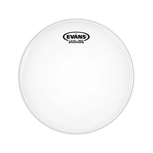A white Evans drum head with a black logo printed at the top center, shown against a plain white background.