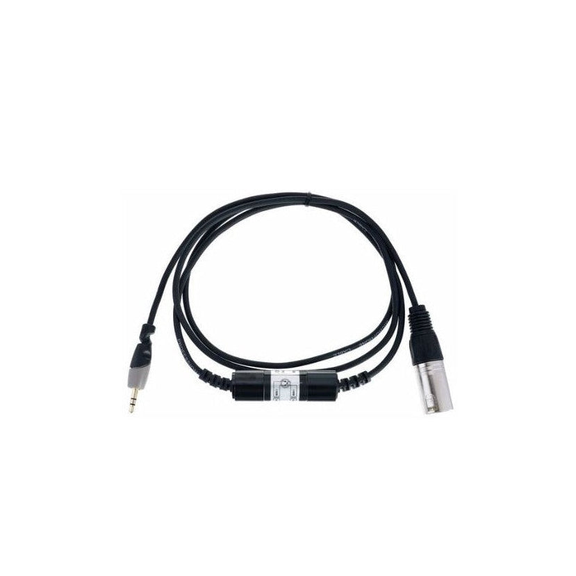 A black audio adapter cable with a 3.5mm jack plug on one end and a silver XLR connector on the other, coiled on a plain white background.