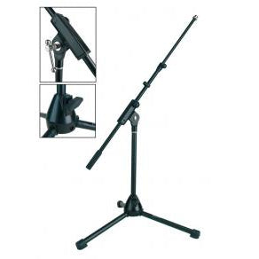 A black adjustable microphone stand with a tripod base and a long boom arm, shown on a white background with two inset detail views of the mount and head.
