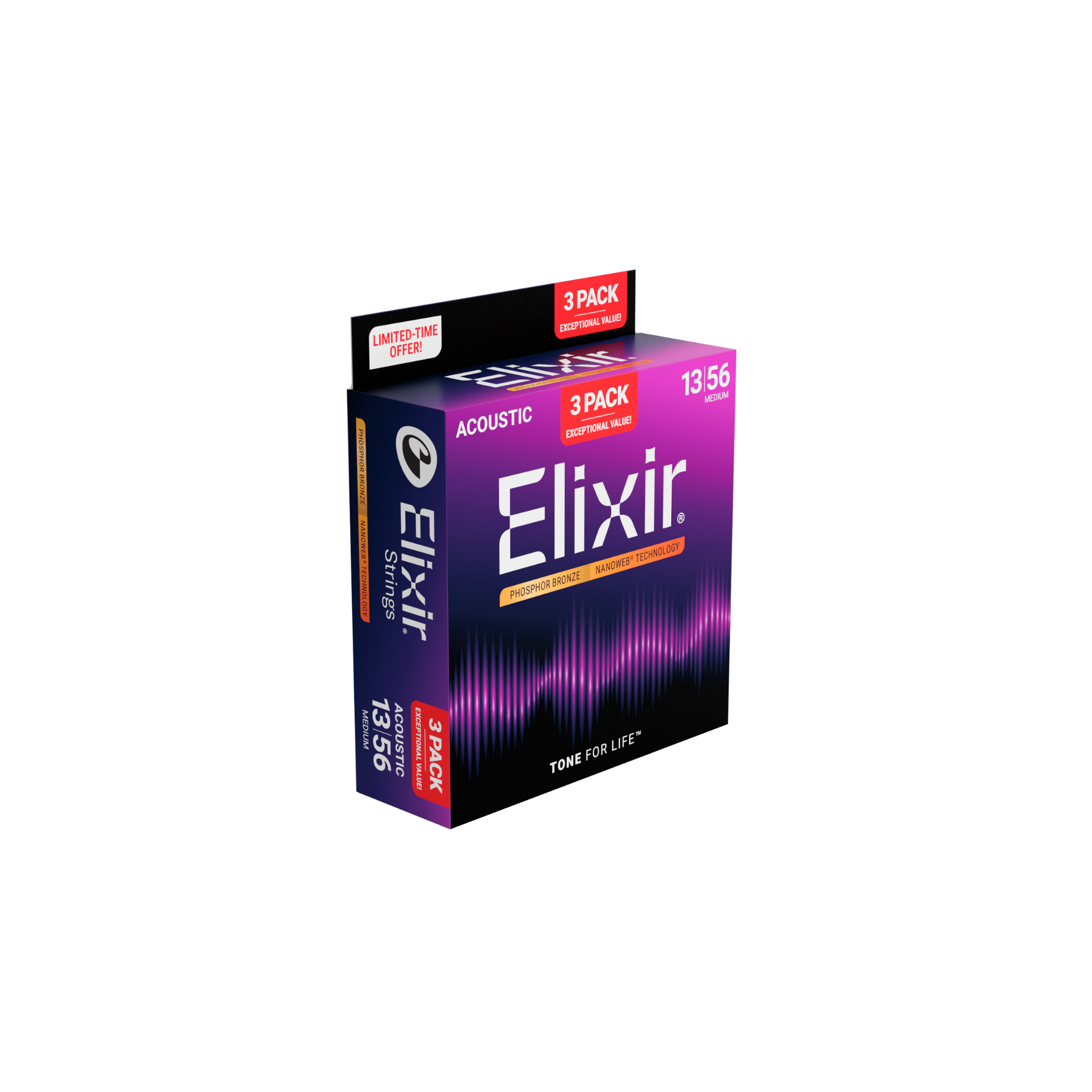 Elixir Acoustic Phosphor Bronze Nanoweb, Medium 13-56 (3-Pack), 16570