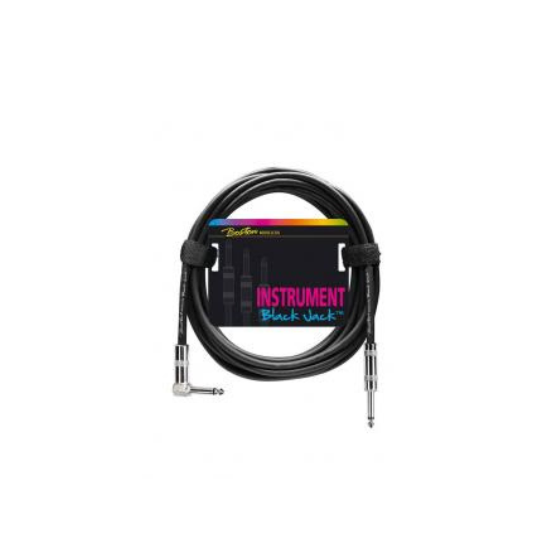A coiled black instrument cable with two angled audio jack connectors and a black product label that reads 'Fender USA' and 'INSTRUMENT Black Jack' on a plain white background.