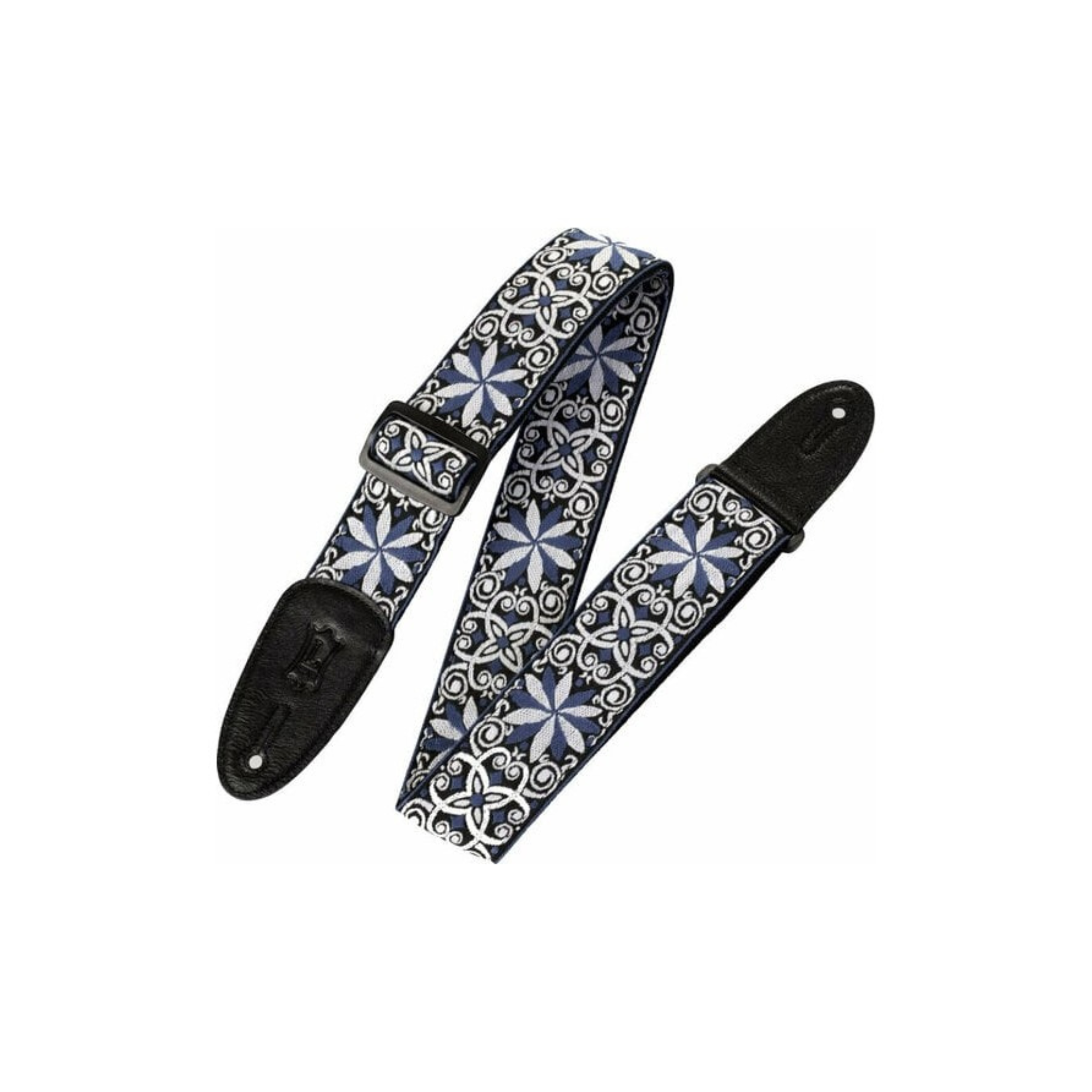 A guitar strap featuring a blue and white floral and scroll pattern on a black base, with black leather ends and a black metal buckle, shown on a plain white background.