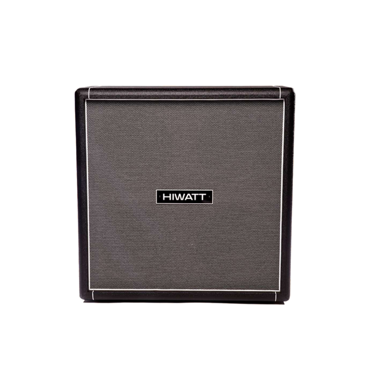 A Hiwatt guitar cabinet speaker enclosure with a black frame, white piping, and a dark gray textured grille, shown against a plain white background.