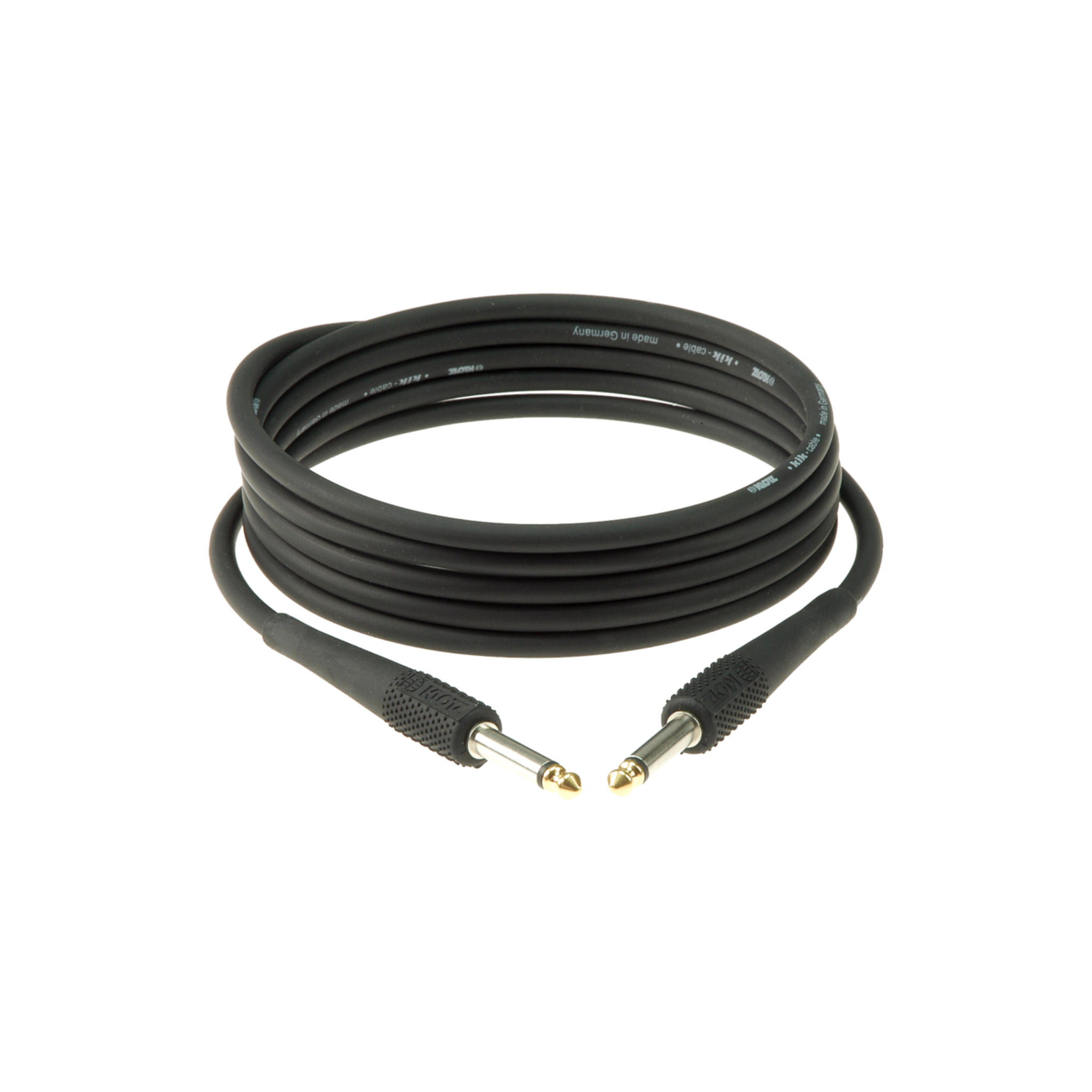 A coiled black audio cable with gold-plated jack connectors on both ends, shown on a plain white background.