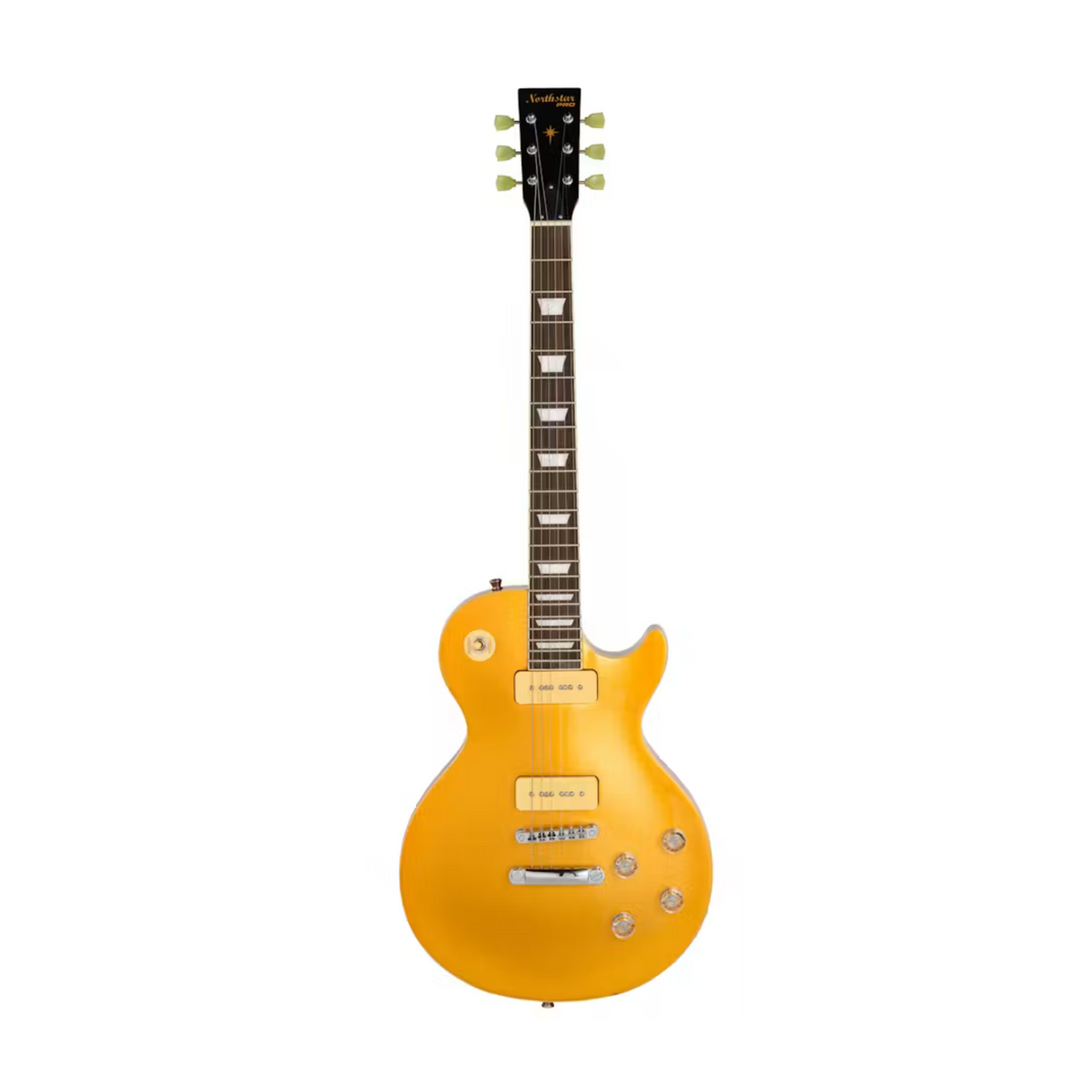 A classic electric guitar with a bright yellow-orange finish, featuring a dark wood neck and headstock, shown against a plain white background.