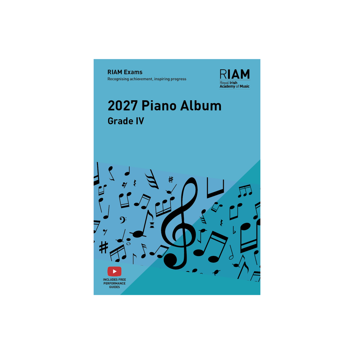 The front cover of the '2027 Piano Album Grade V' by RIAM Exams and RIAM Academy of Music, featuring a bright blue background with black musical notes and a treble clef.