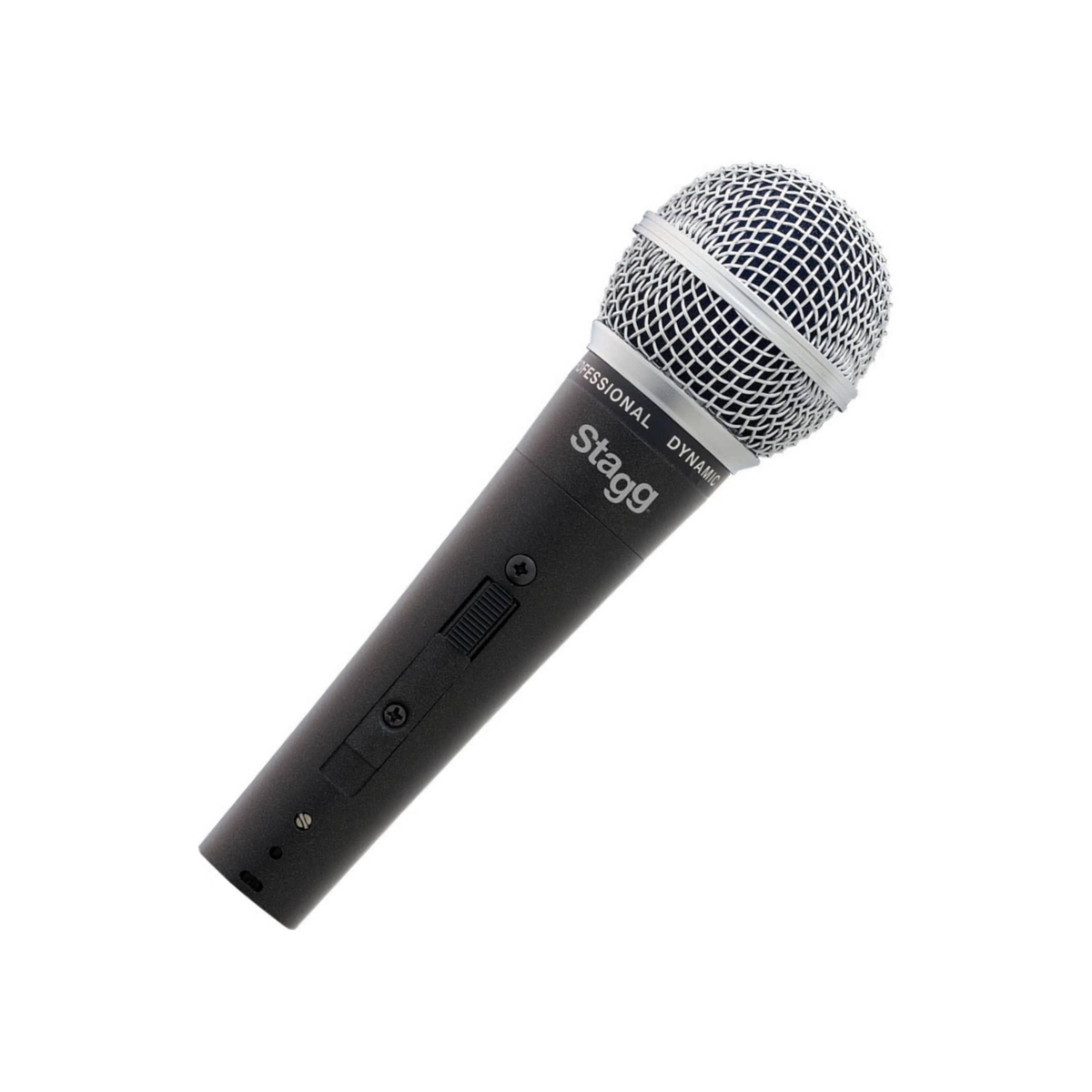 A Stagg Professional Dynamic handheld microphone with a black body and silver mesh grille, shown diagonally on a plain white background.