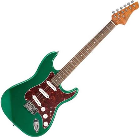 A green electric guitar with a dark red/brown pickguard and a brown maple neck, shown against a plain white background.