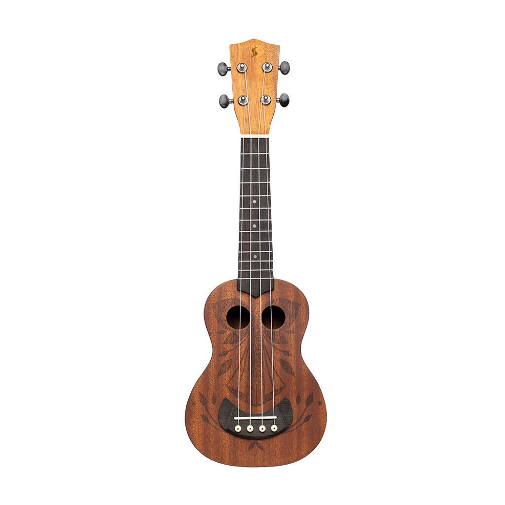 Wooden ukulele with a tiki face design on a white background