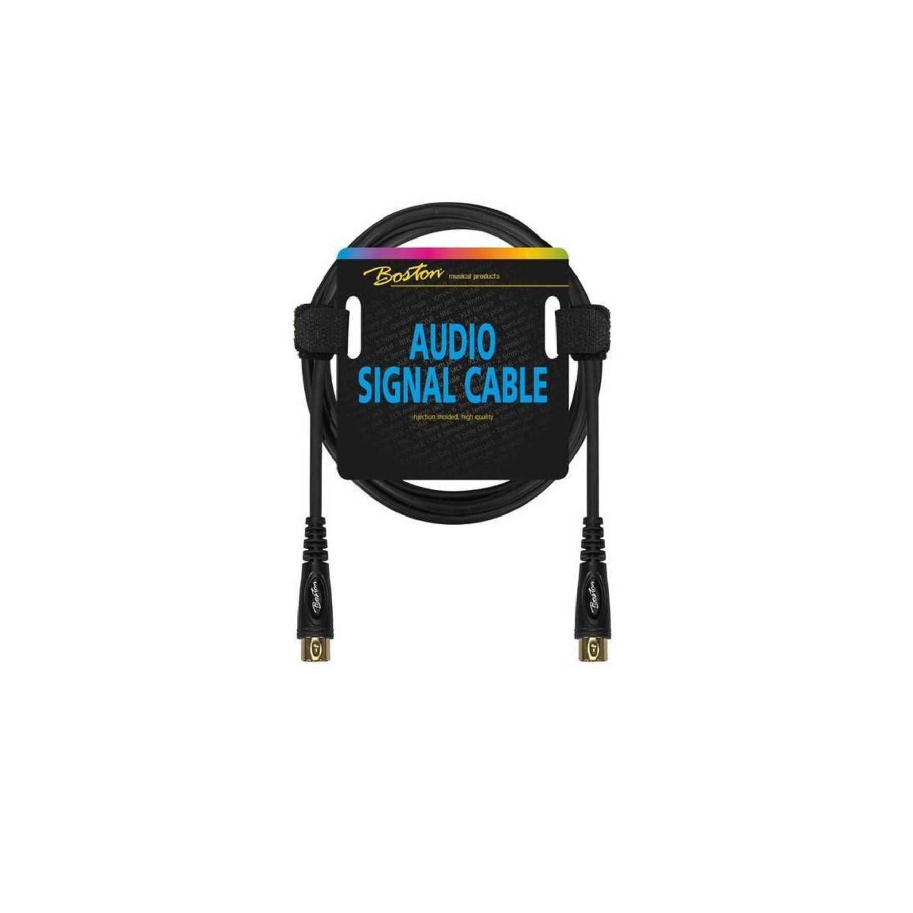 Boston Audio Signal Cable in black with gold-plated connectors, coiled on a white background with its retail packaging label.