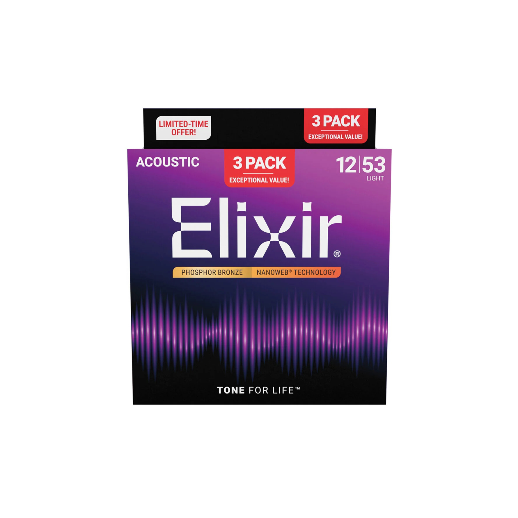 Elixir Acoustic Phosphor Bronze Nanoweb, Light 12-53 3 Pack