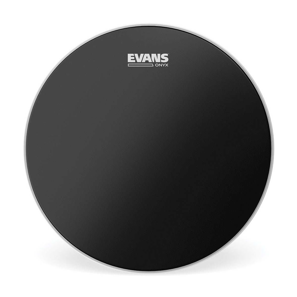 A black Evans Onyx snare drum head with a white logo printed at the top, shown against a plain white background.