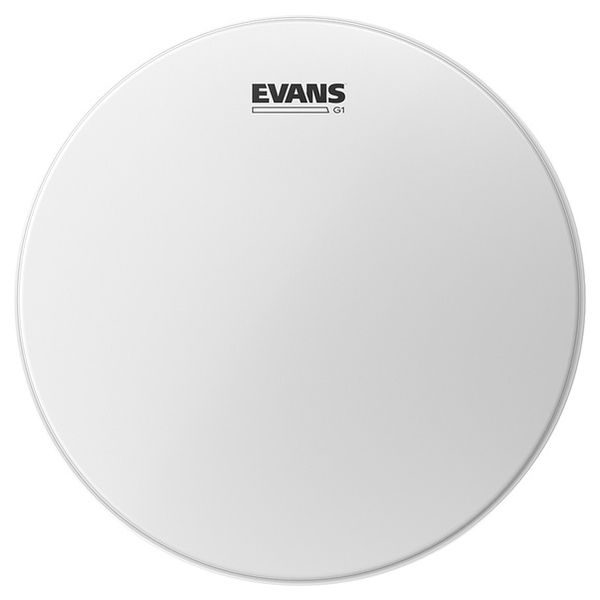 A white Evans LG drum head with the black Evans logo printed at the top center, shown against a plain white background.