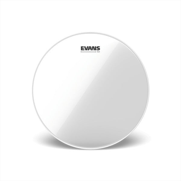 A clear Evans drumhead shown from the front against a white background, featuring the black 'EVANS' brand logo near the top center.