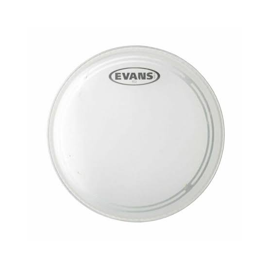 A clear Evans drum head with a black oval logo printed in the center, shown against a plain white background.