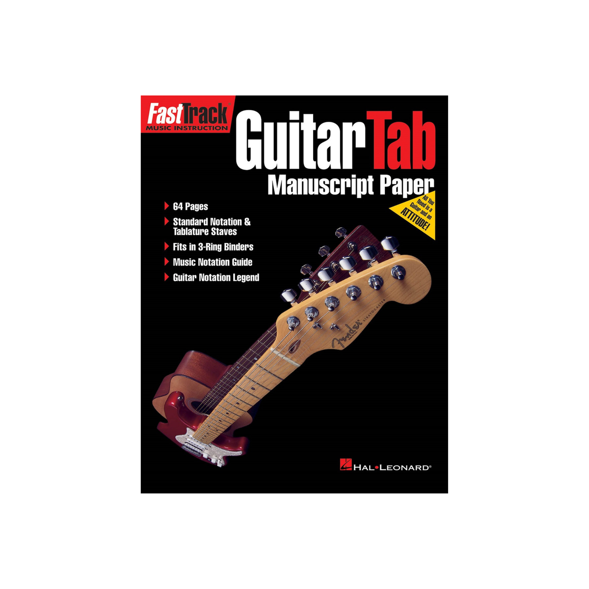 GuitarTab Manuscript Paper book cover by Hal Leonard, featuring a black background, a red and brown electric guitar headstock, and white and red title text.
