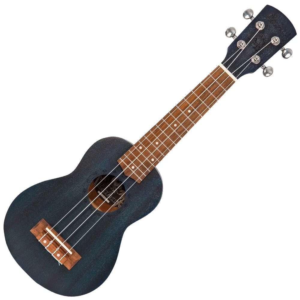 Blue ukulele with a brown neck on a white background