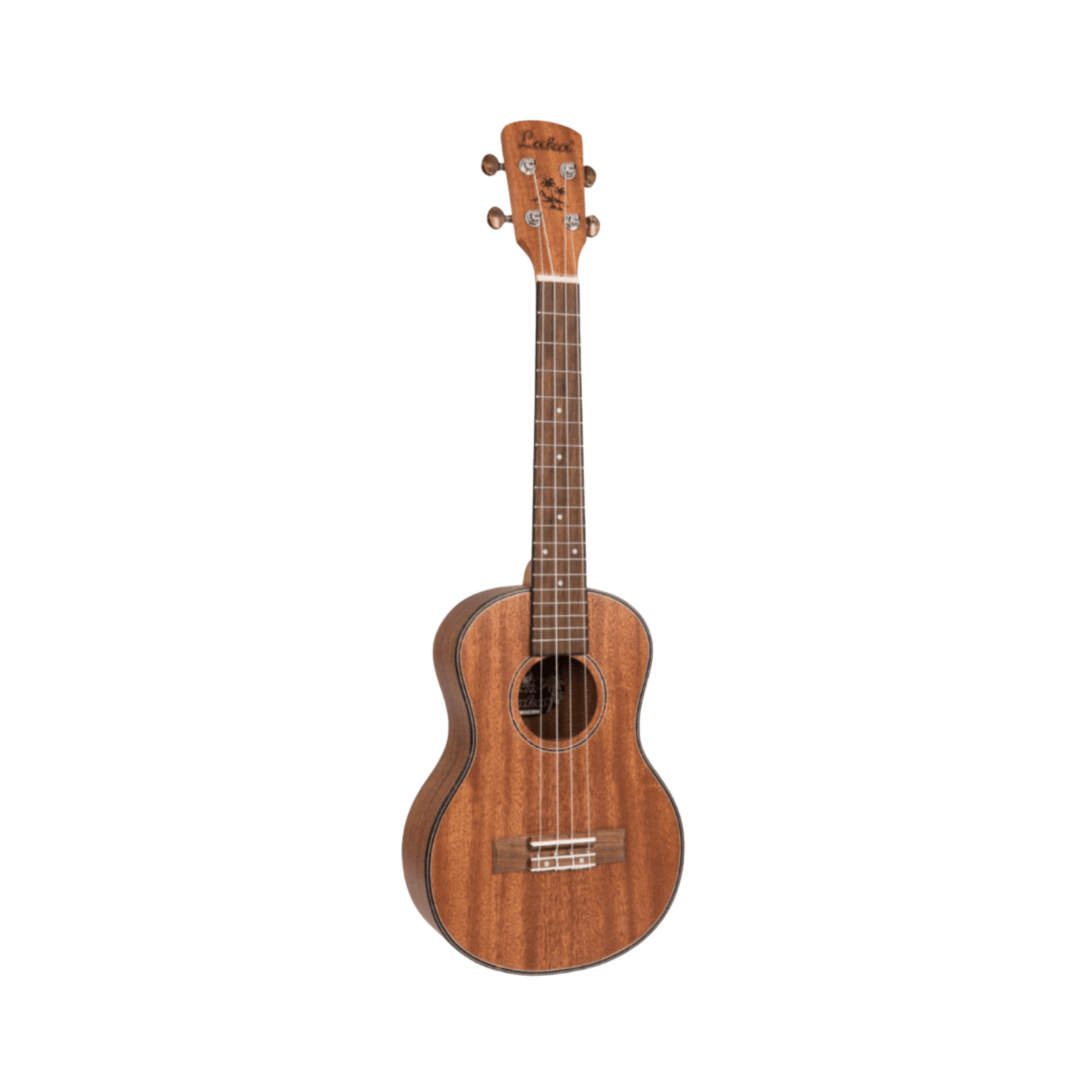 A wooden ukulele with a warm brown finish and visible wood grain, shown upright against a plain white background.