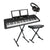 A black digital keyboard with two screen displays, shown on a black X-style stand with a matching bench and a pair of black over-ear headphones floating above, all on a plain white background.