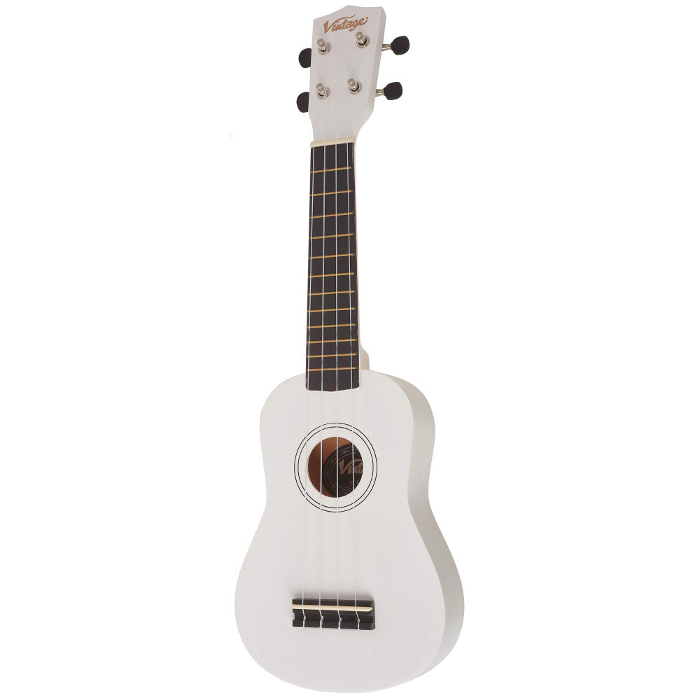 A white ukulele with a dark fretboard and black tuning pegs, shown from a side profile against a plain white background.